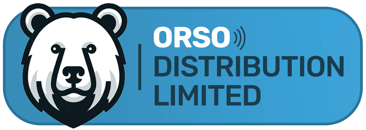 Logo of Orso Distribution Limited, featuring a stylized bear icon in white and gray, with radio wave symbols to the right, set against a blue background.